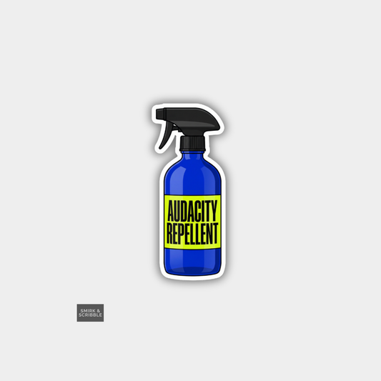 Blue spray bottle labeled 'Audacity Repellent' on a white background
