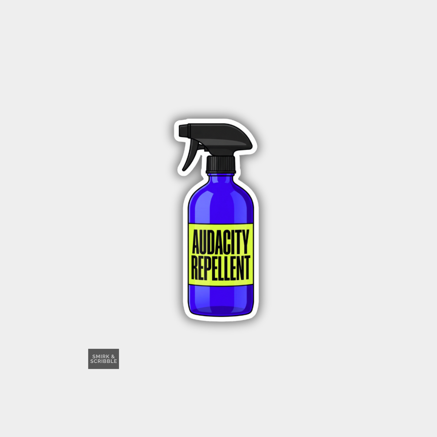 Purple spray bottle labeled 'Audacity Repellent' on a gray background