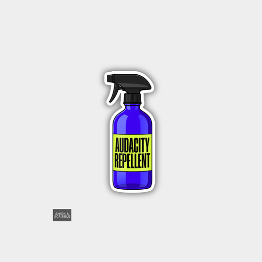 Purple spray bottle labeled 'Audacity Repellent' on a gray background
