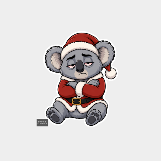 Funny Christmas Sticker - Cute Grumpy Koala In Santa Suit