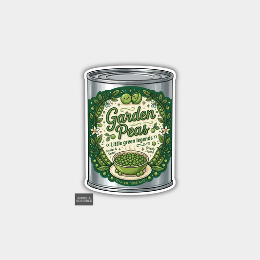 Can of garden peas with decorative label on a white background