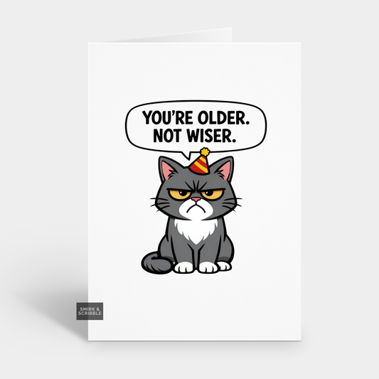 Cartoon cat with a birthday hat and speech bubble on a white background