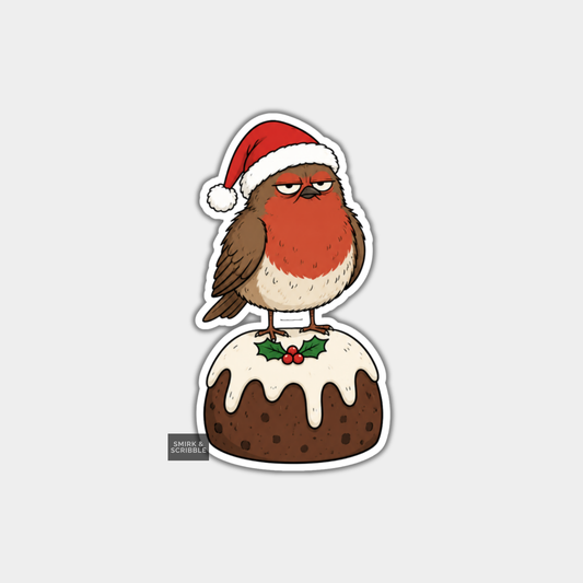 Funny Christmas Sticker - Cute Grumpy Robin On Pudding