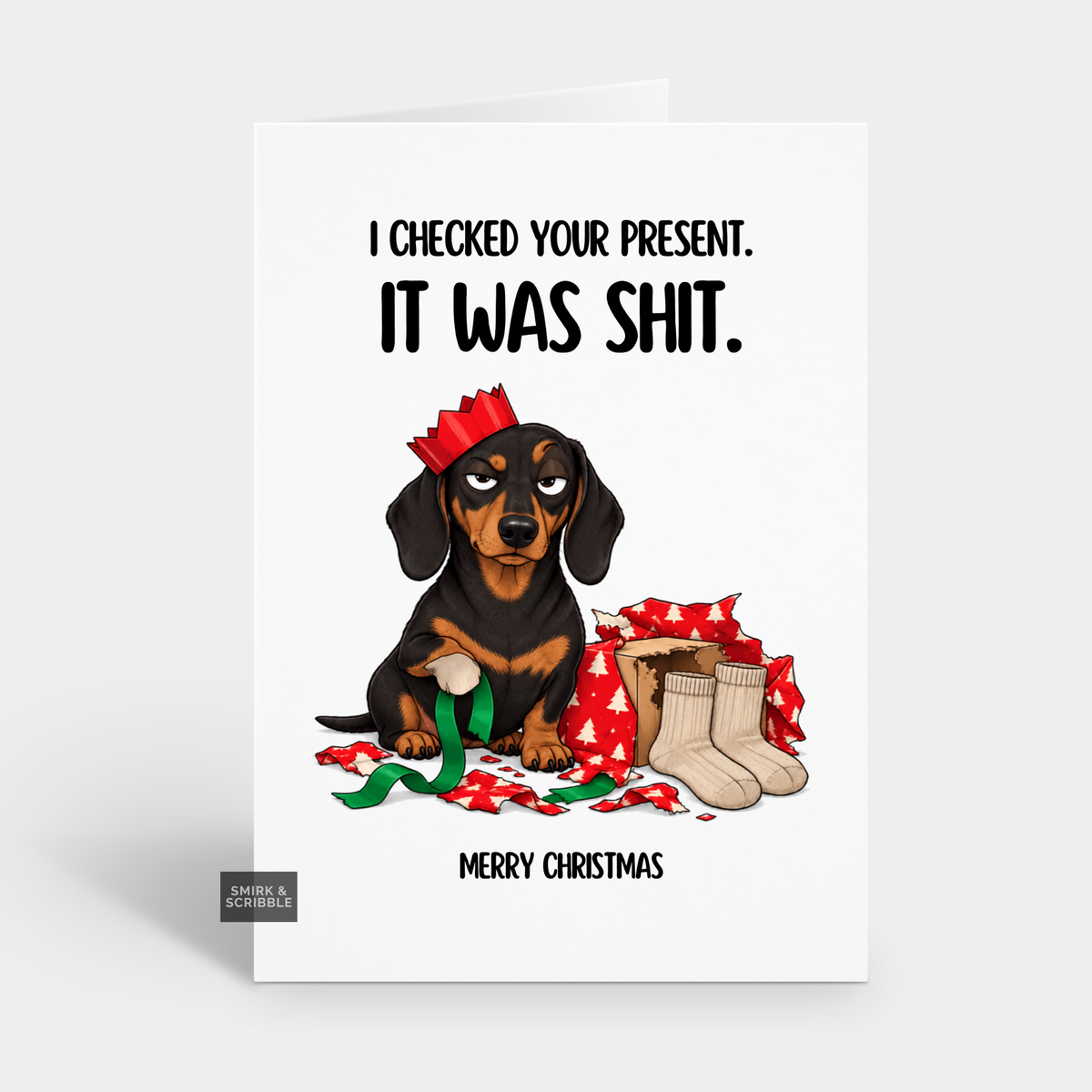 Funny Christmas Card - Sausage Dog & Gift