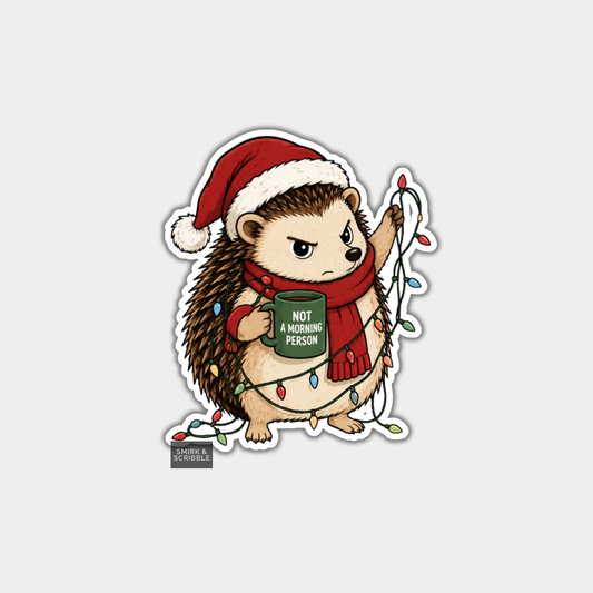 Funny Christmas Sticker - Cute Grumpy Hedgehog