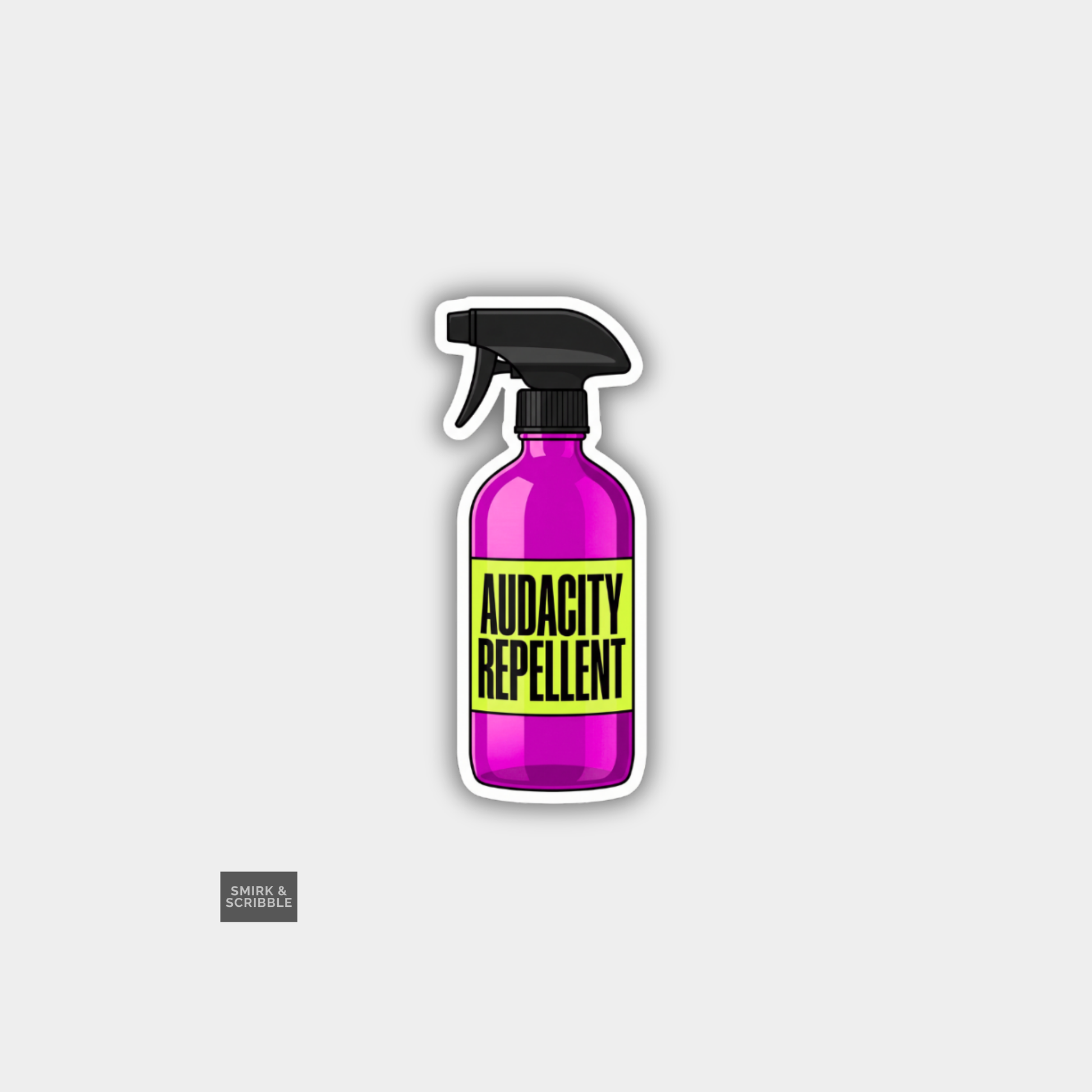 Pink spray bottle labeled 'Audacity Repellent' on a light gray background