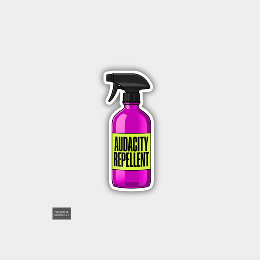Pink spray bottle labeled 'Audacity Repellent' on a light gray background