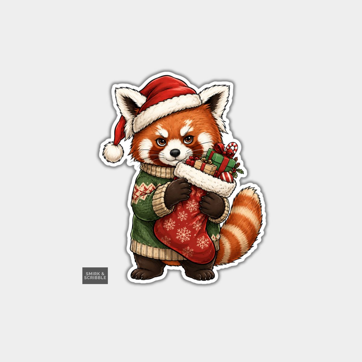 Funny Christmas Sticker - Cute Red Panda & Stocking