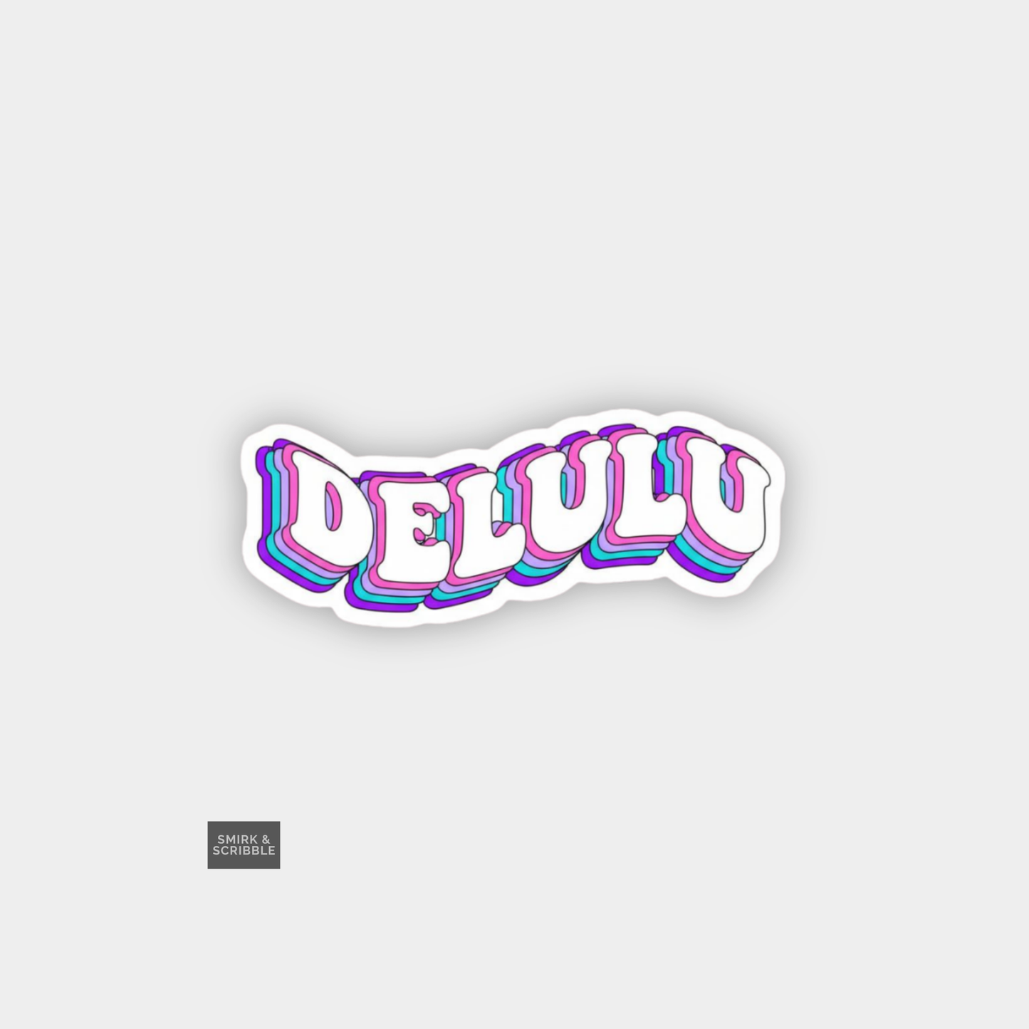 Sticker with 'DELULO' text in colorful, retro-style design on a light gray background.