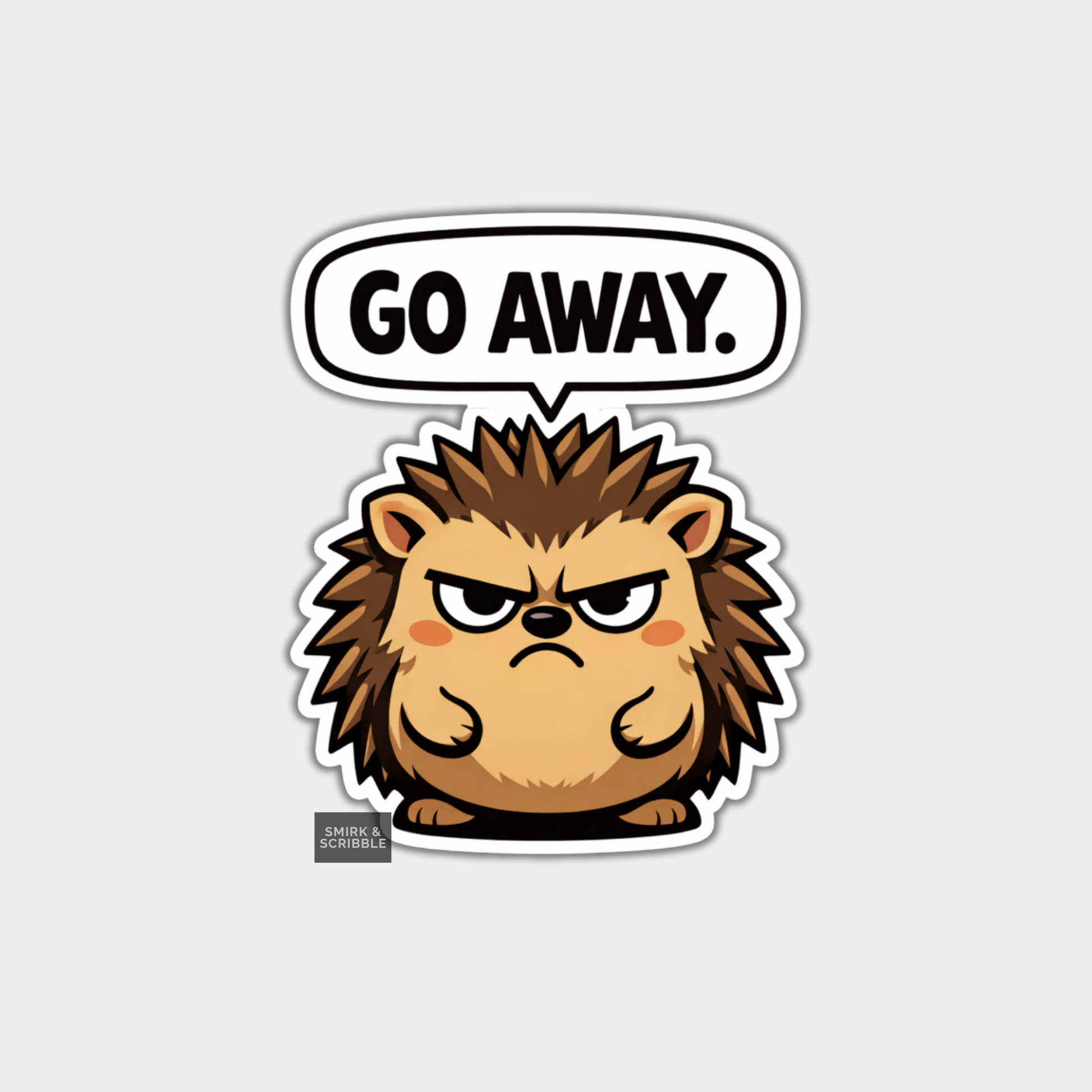 Sticker of a lion with a speech bubble saying 'GO AWAY.' on a light gray background.