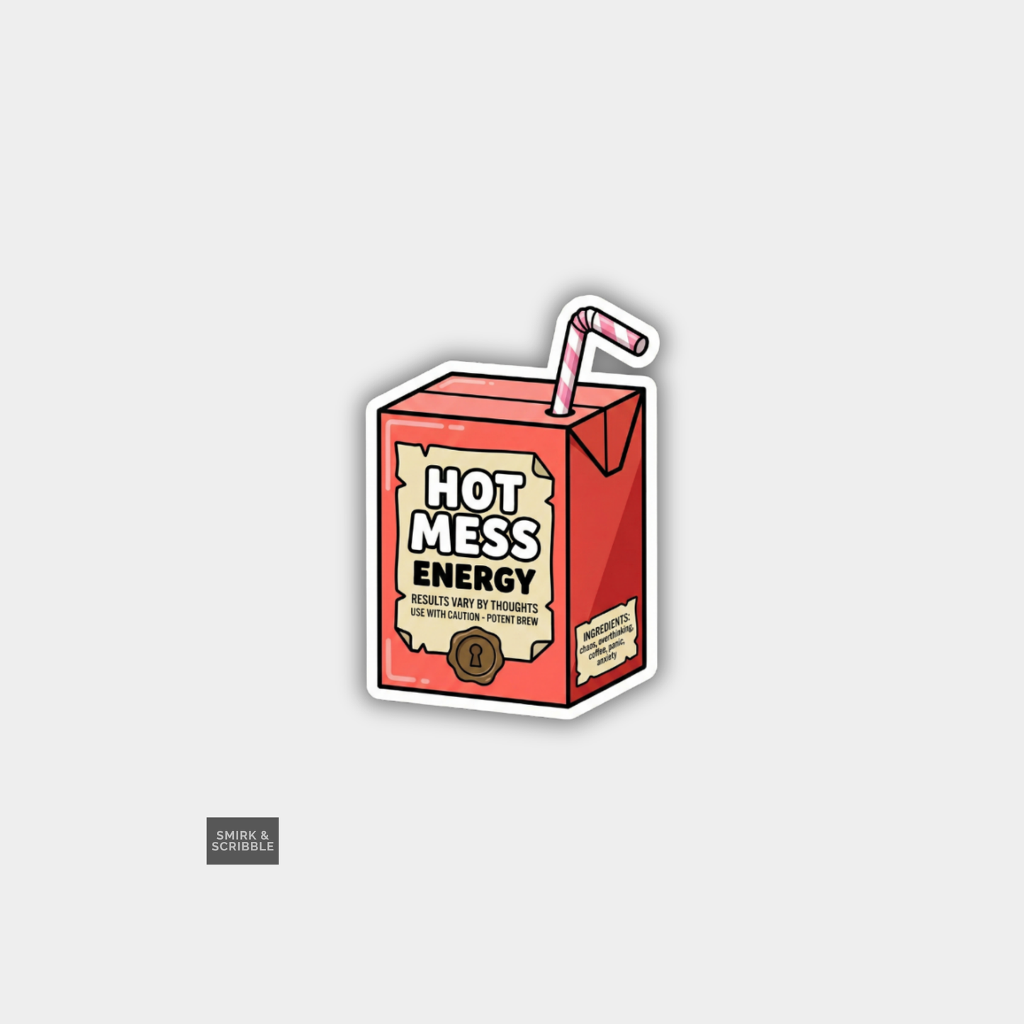 Cartoon-style 'Hot Mess Energy' drink box with a straw on a light gray background