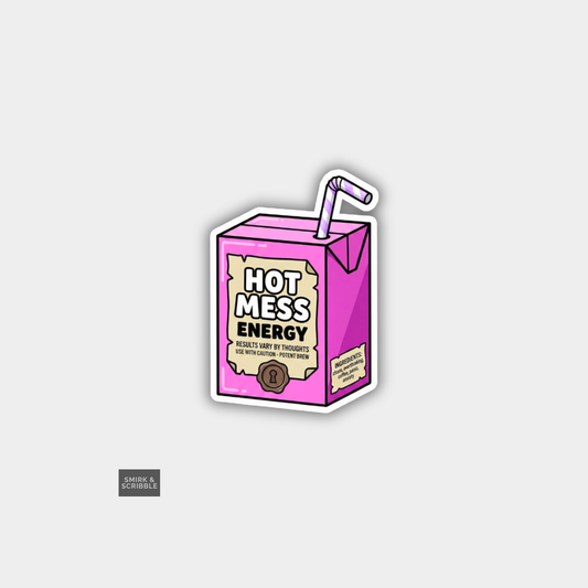 Pink energy drink carton with straw labeled 'Hot Mess Energy' on a light gray background