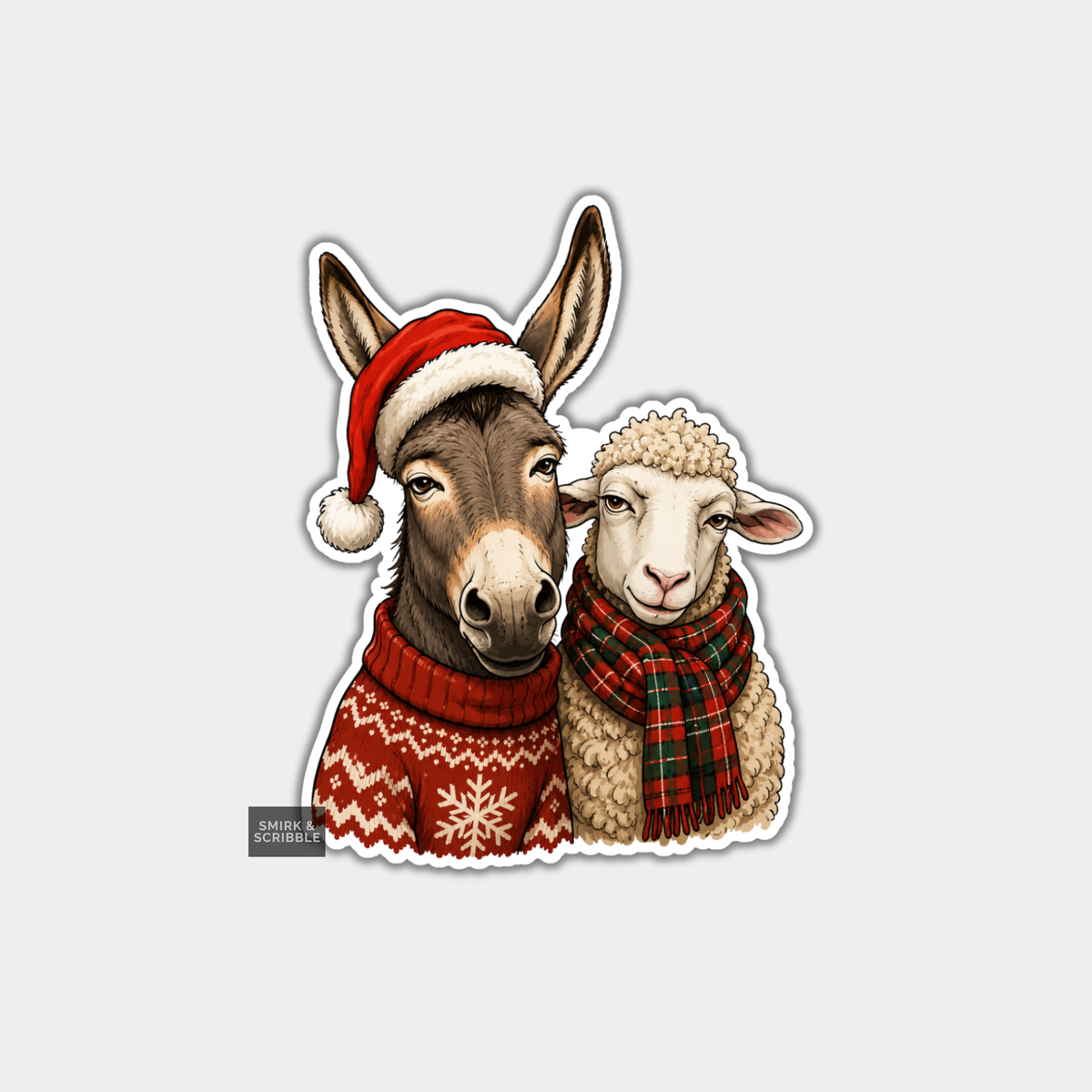 Funny Christmas Sticker - Cute Donkey & Sheep