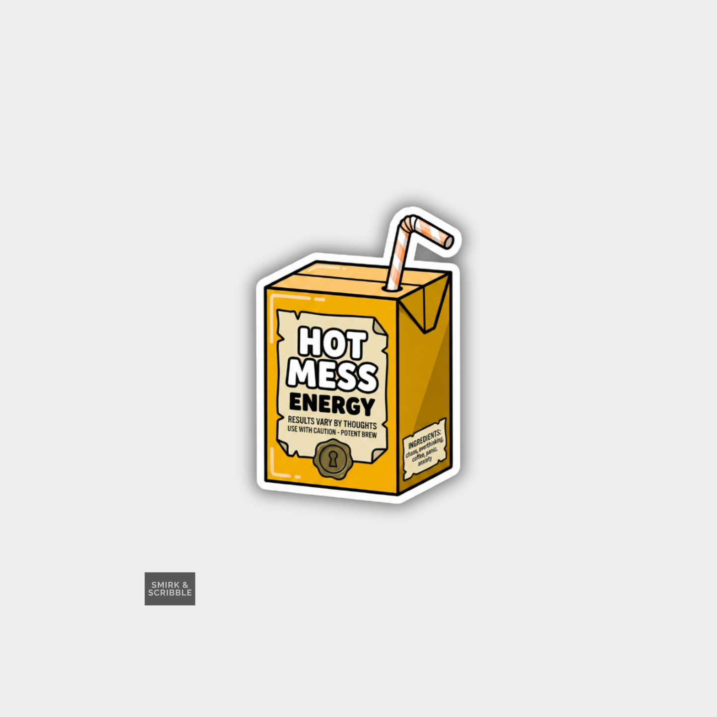 Carton of 'Hot Mess Energy' with a straw on a light gray background