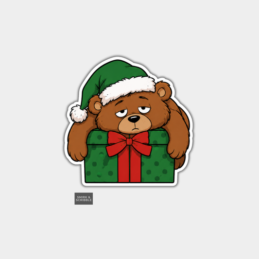 Funny Christmas Sticker - Cute Exhausted Teddy Bear
