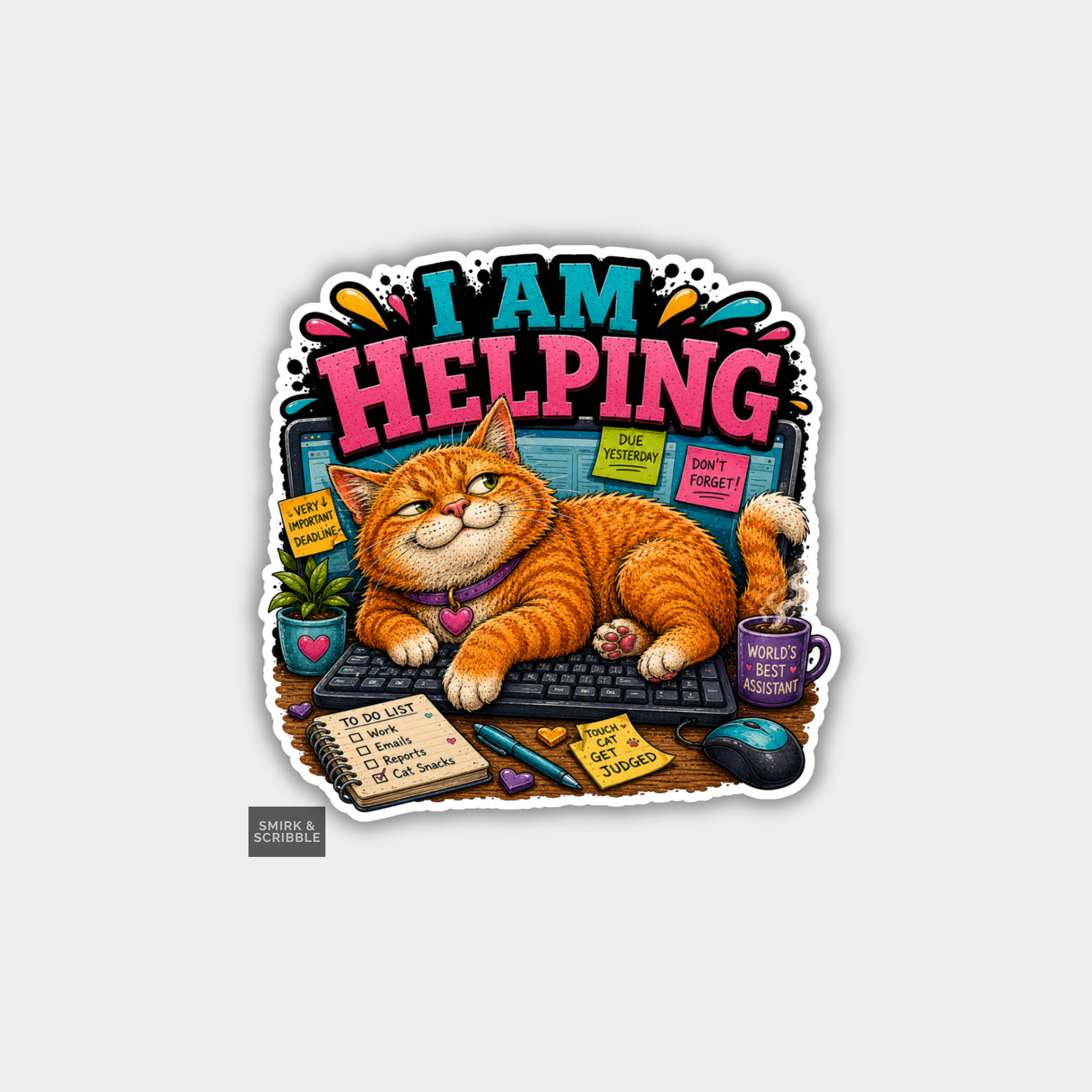Funny Vinyl Die Cut Sticker - Helping Cat