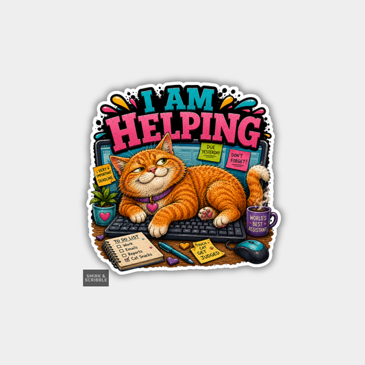 Funny Vinyl Die Cut Sticker - Helping Cat