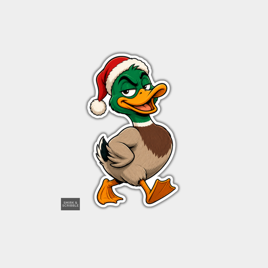 Funny Christmas Sticker - Cheeky Mallard Duck In Santa Hat