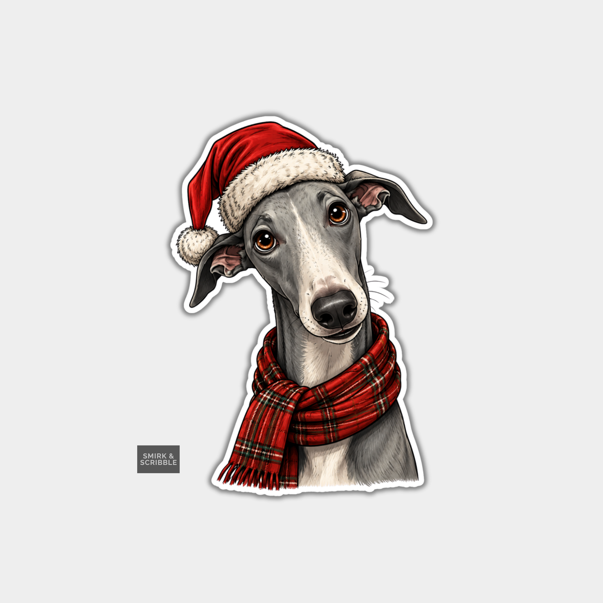 Funny Christmas Sticker - Cute Greyhound In Santa Hat