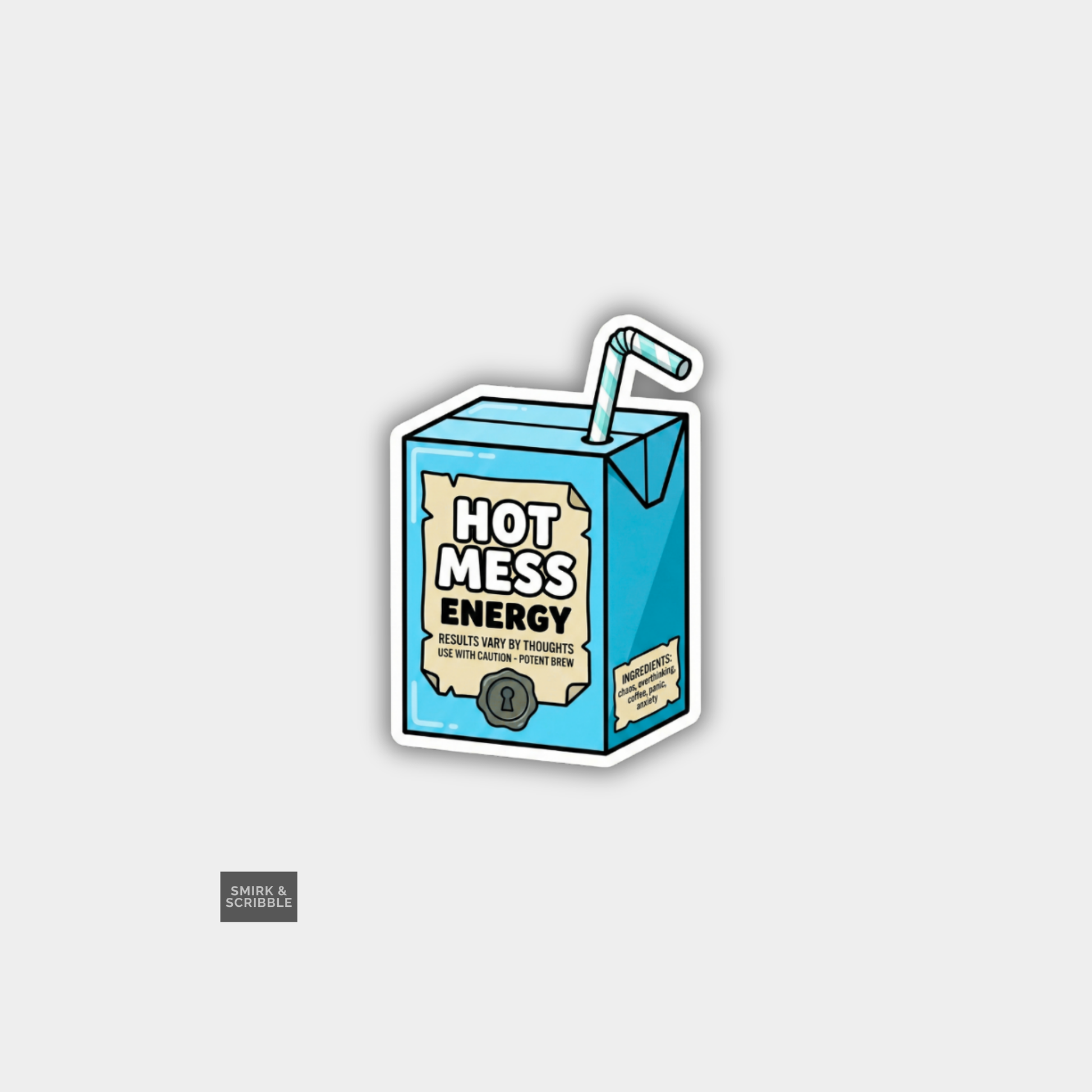 Cartoon-style 'Hot Mess Energy' drink carton with a straw on a light gray background