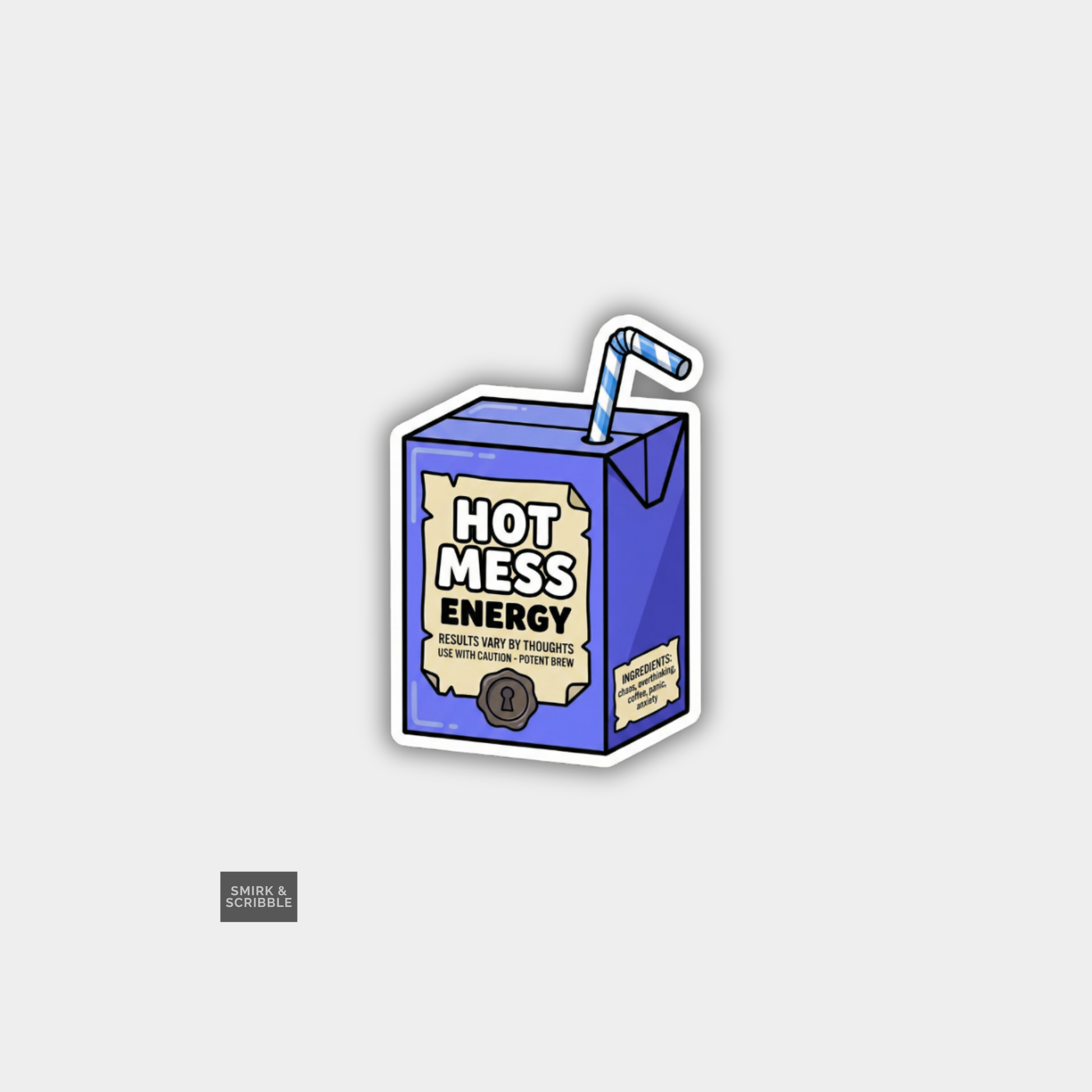 Cartoon juice box labeled 'Hot Mess Energy' with a straw on a light gray background.
