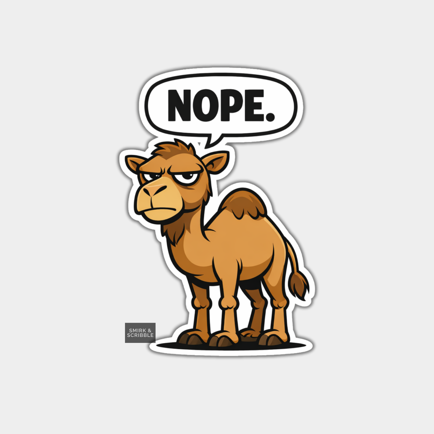 Cartoon camel with a 'NOPE.' speech bubble on a light gray background