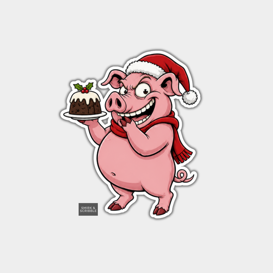 Funny Christmas Sticker - Cute Cheeky Pig & Pudding