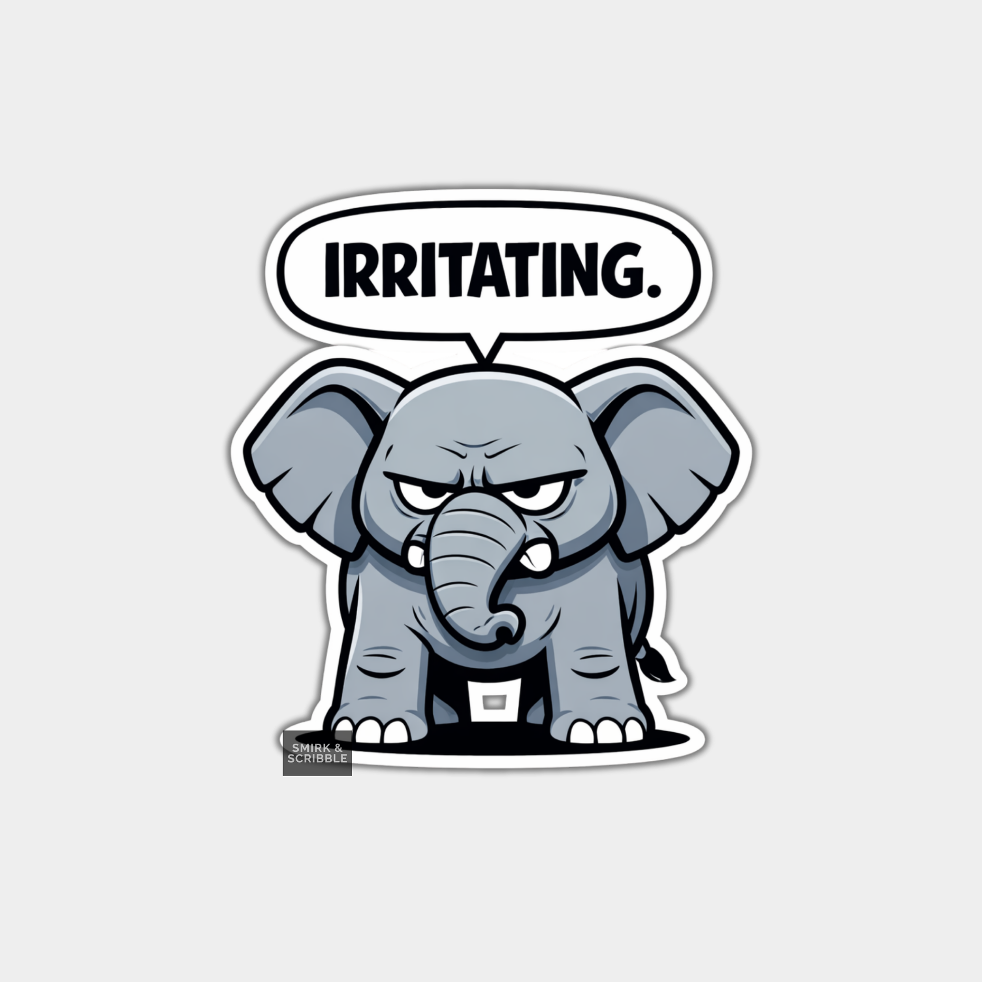 Cartoon elephant with an angry expression and a speech bubble saying 'IRRITATING.' on a light gray background.