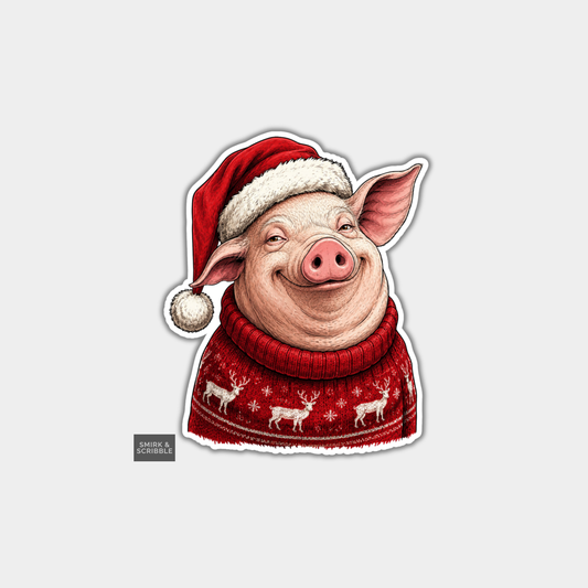 Funny Christmas Sticker - Cute Posing Pig In Santa Hat