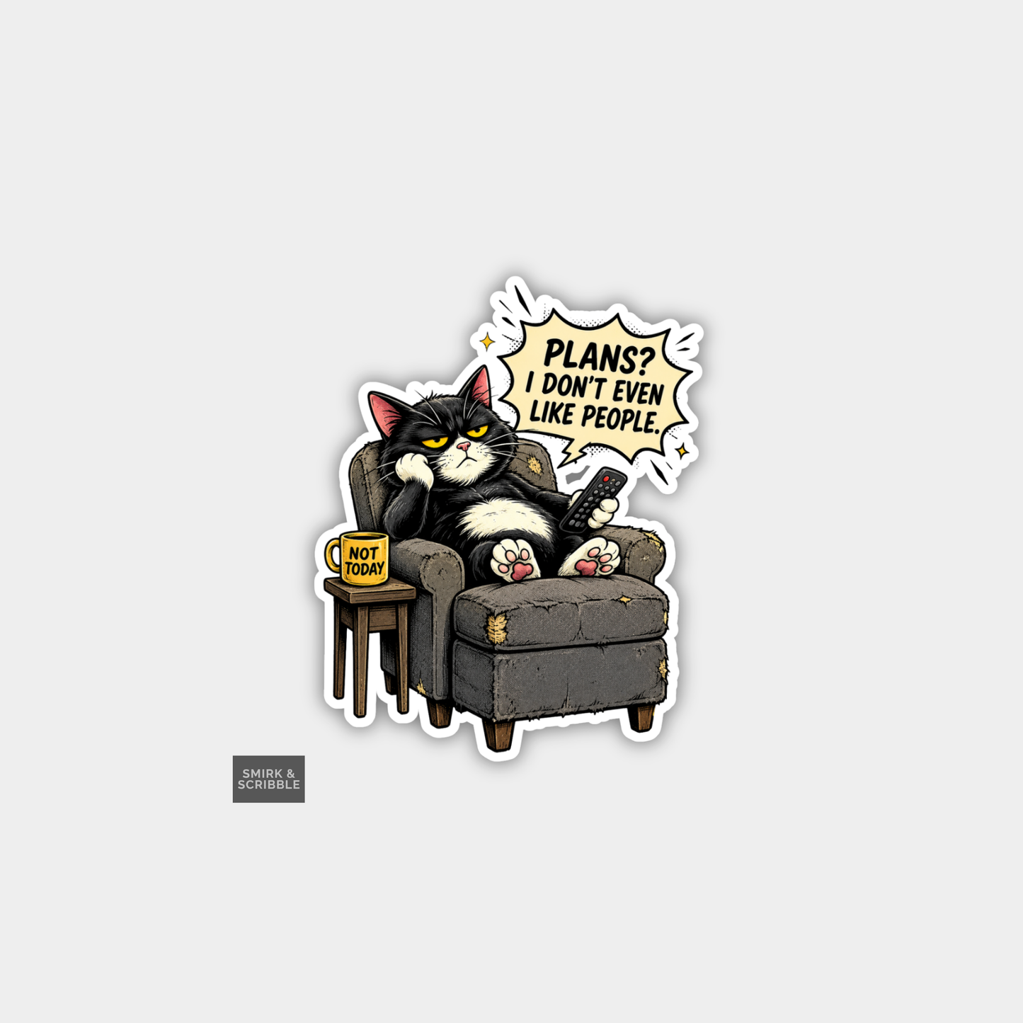Funny Character Vinyl Sticker - Antisocial Armchair Cat