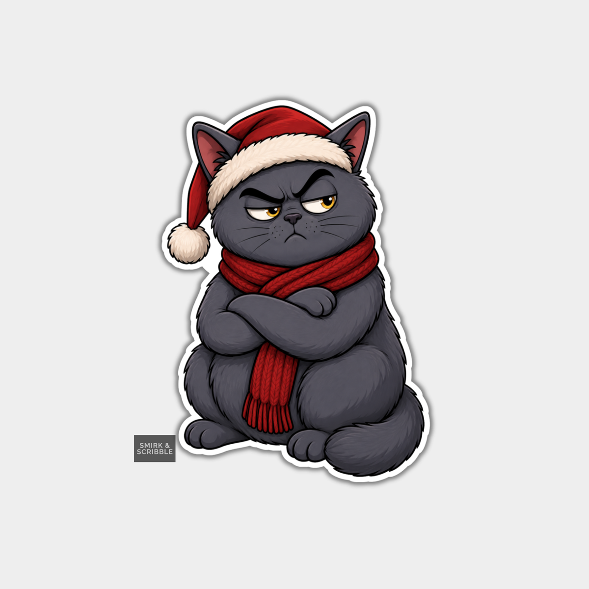 Funny Christmas Sticker - Grumpy Grey Cat In Hat & Scarf