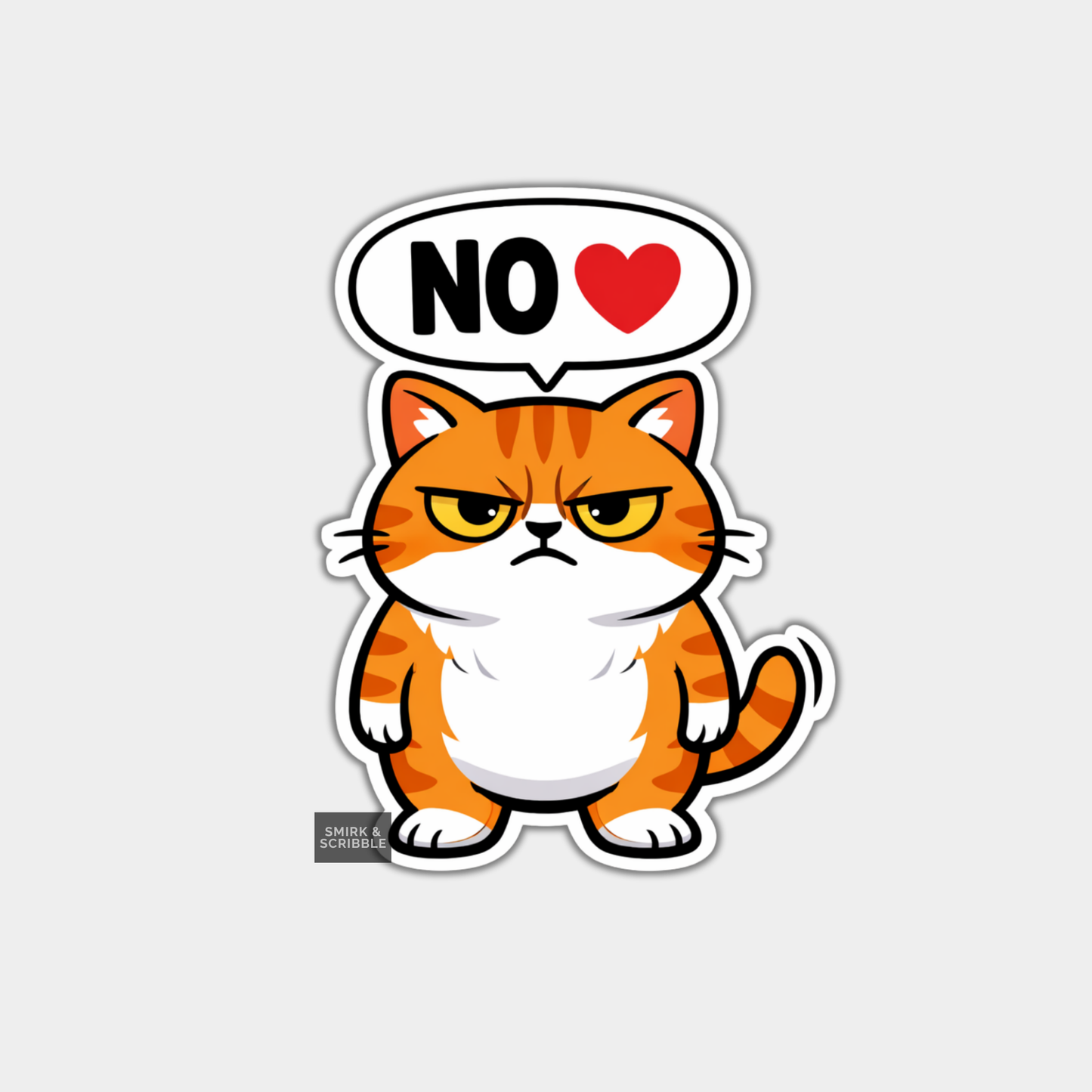 Cartoon cat with an angry expression and a speech bubble saying 'NO' with a red heart on a gray background.