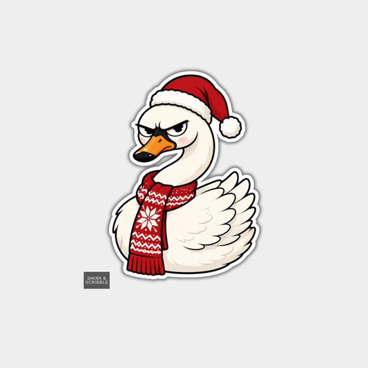 Funny Christmas Sticker - Grumpy Swan In Santa Hat