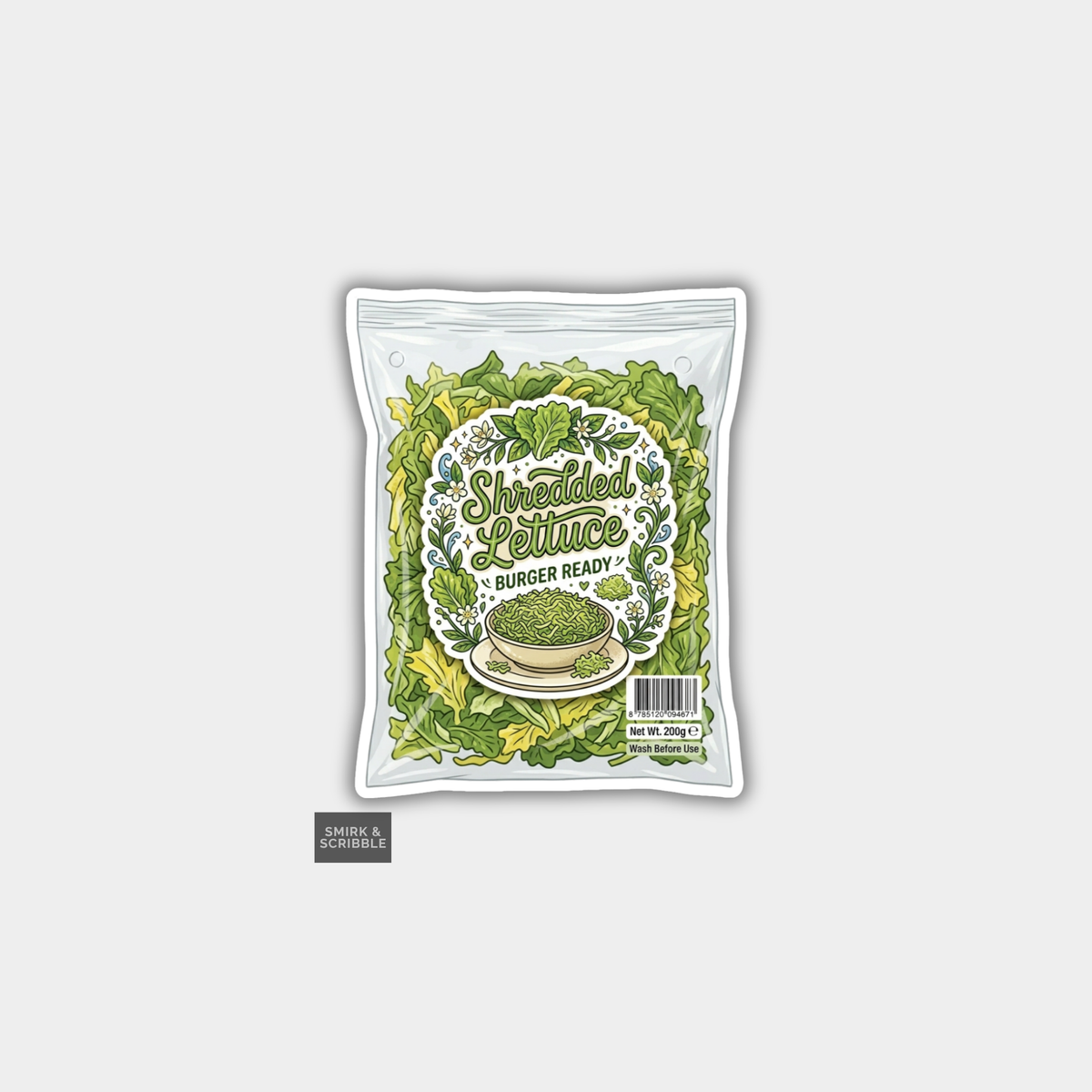 Shredded lettuce package with green leaf design on a white background