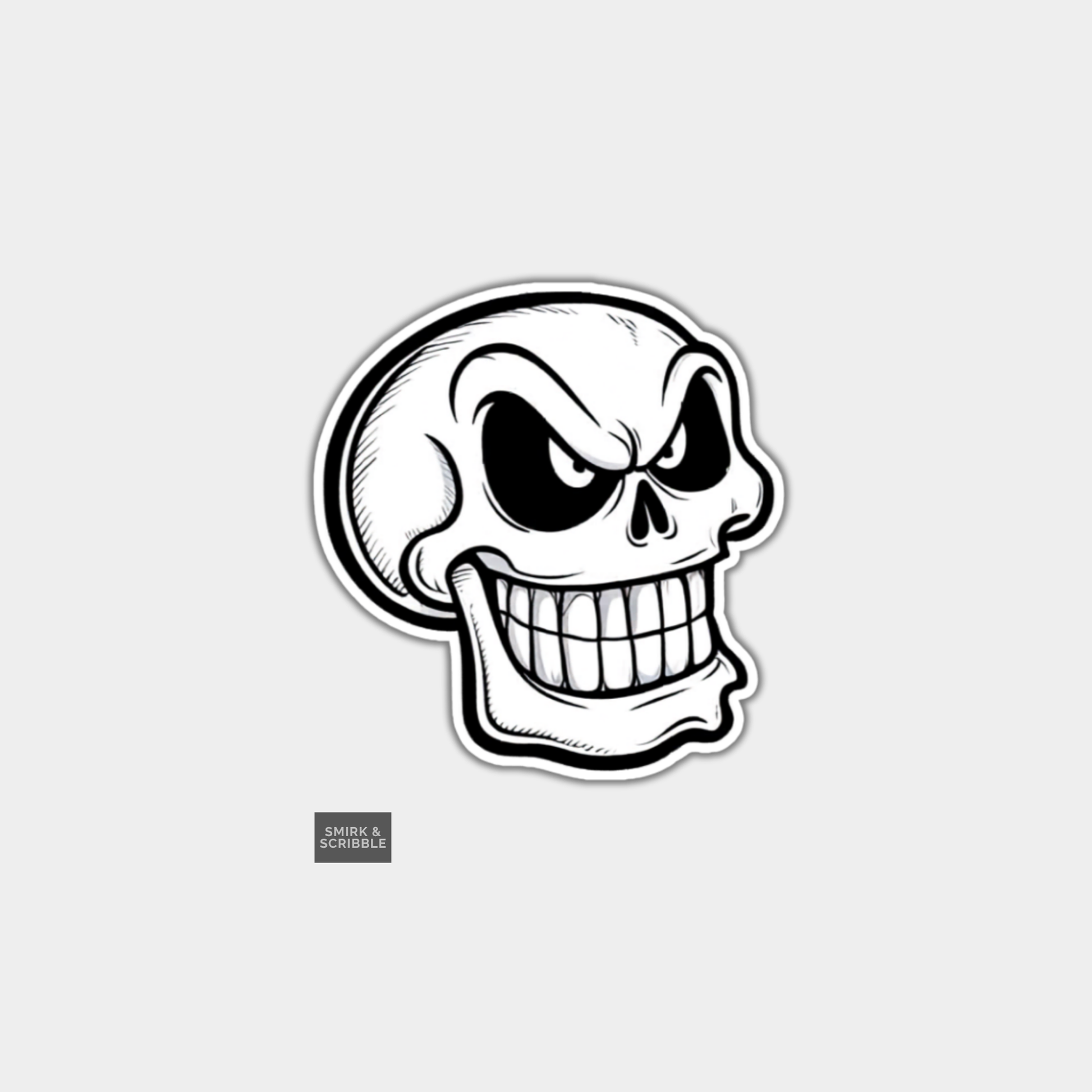 cartoon style black and white skull sticker on a grey background