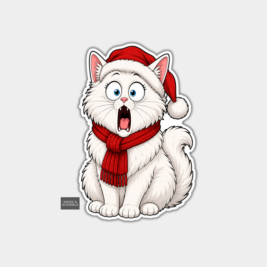 Funny Christmas Sticker - Cute Shocked Cat In Hat & Scarf