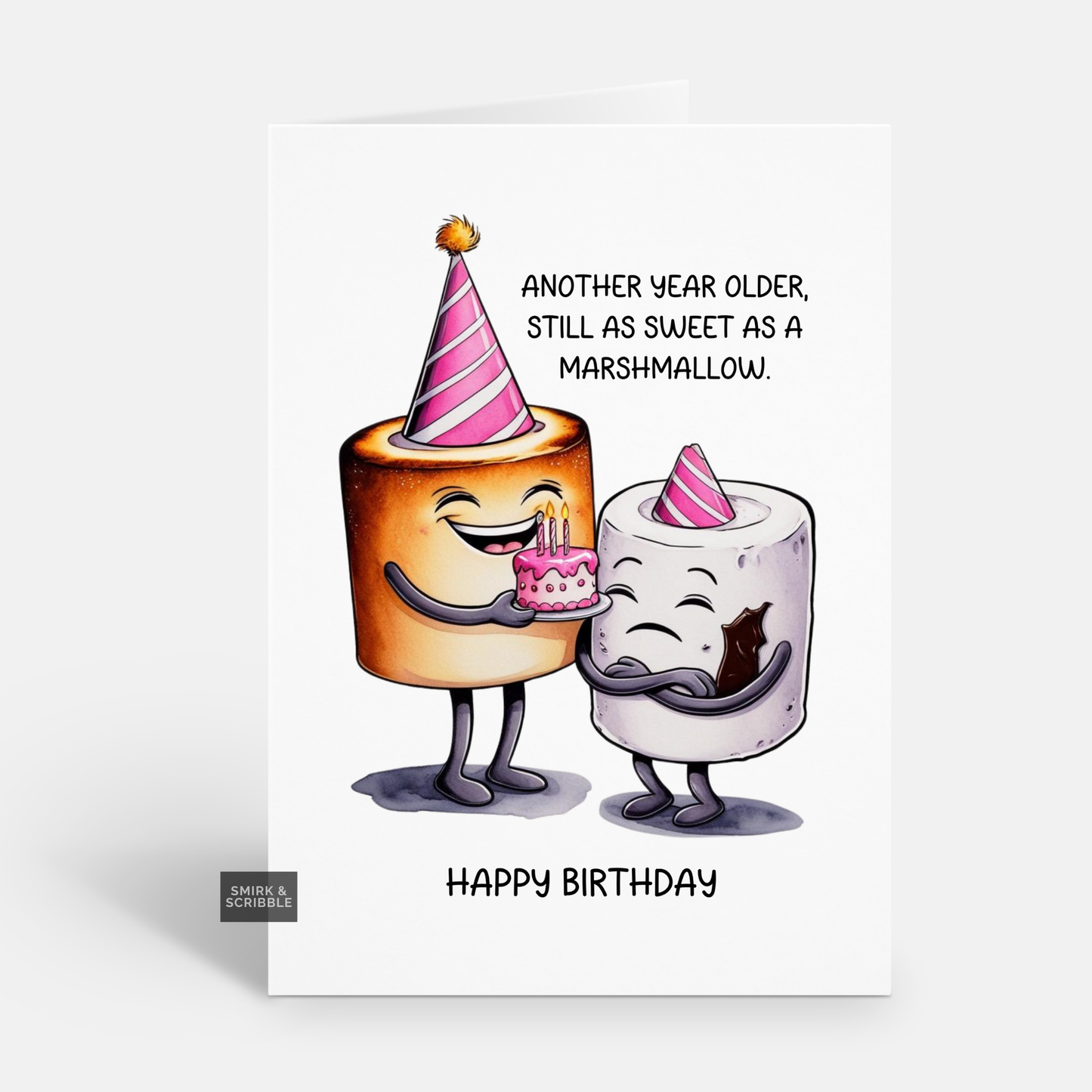 Cartoon marshmallows with birthday hats and cake, text 'Another year older, still as sweet as a marshmallow. Happy Birthday'.