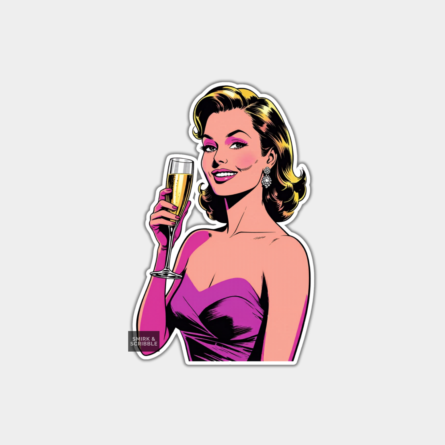 Sticker of a woman in a pink dress holding a glass of champagne on a light gray background.