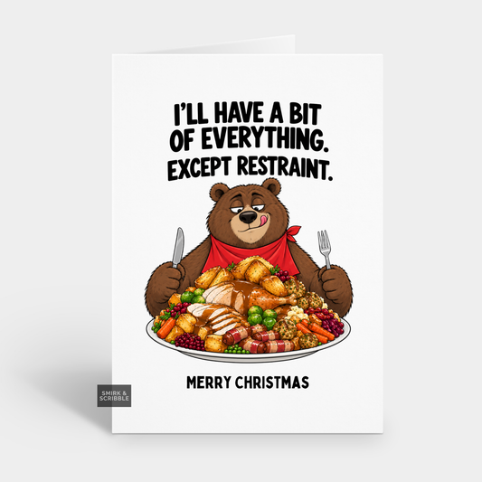 Funny Christmas Card - Bear At Dinner