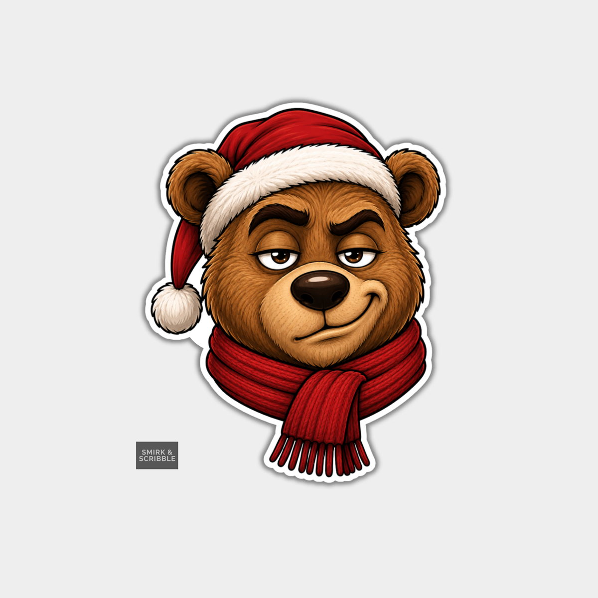 Funny Christmas Sticker - Teddy Bear In Santa Hat & Scarf