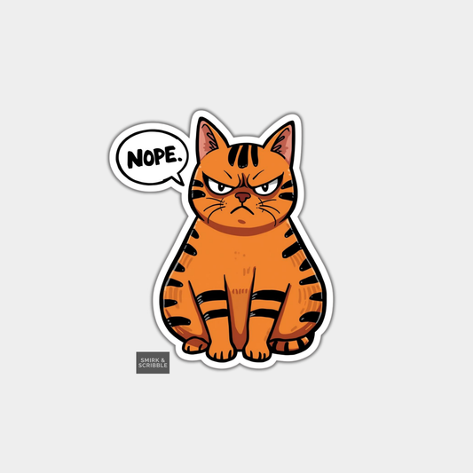 Sticker of an angry cat with a 'Nope.' speech bubble on a light gray background