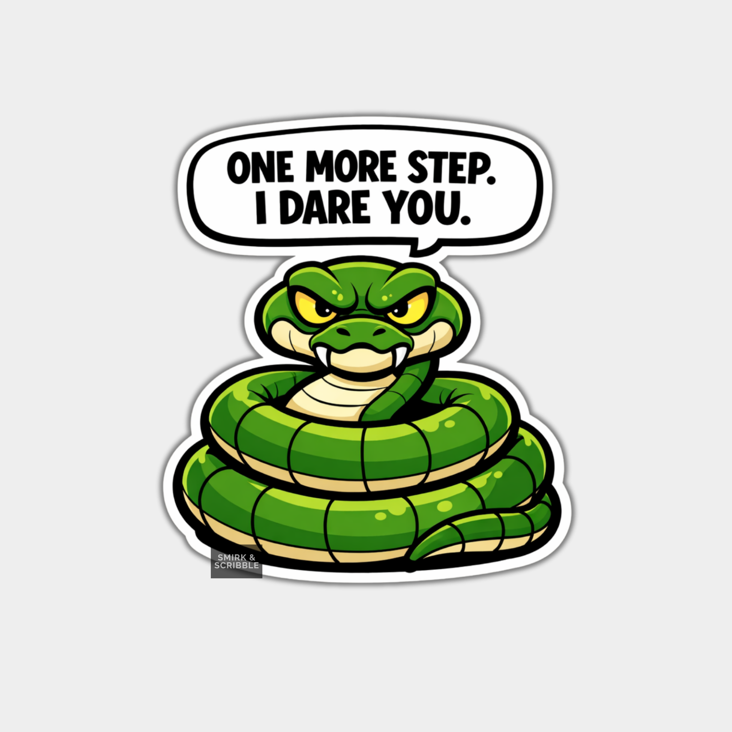 Cartoon snake with a speech bubble saying 'One more step. I dare you.' on a white background
