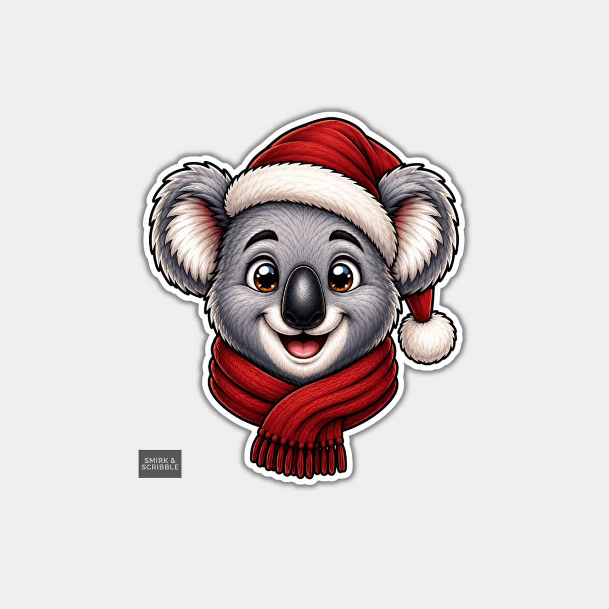 Funny Christmas Sticker - Happy Koala In Santa Hat & Scarf