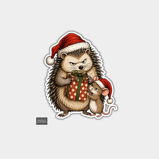 Funny Christmas Sticker - Cute Hedgehog & Mouse