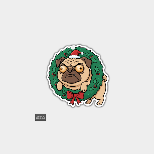 Funny Christmas Gift Tags - Angry Pug Stuck In Wreath