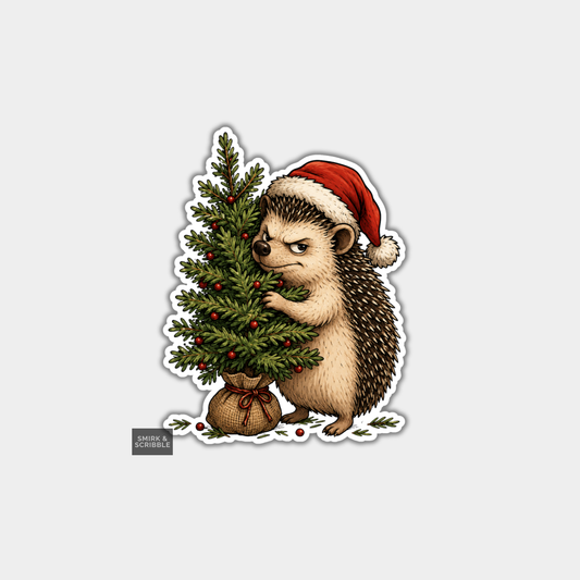 Funny Christmas Sticker - Cute Hedgehog & Xmas Tree