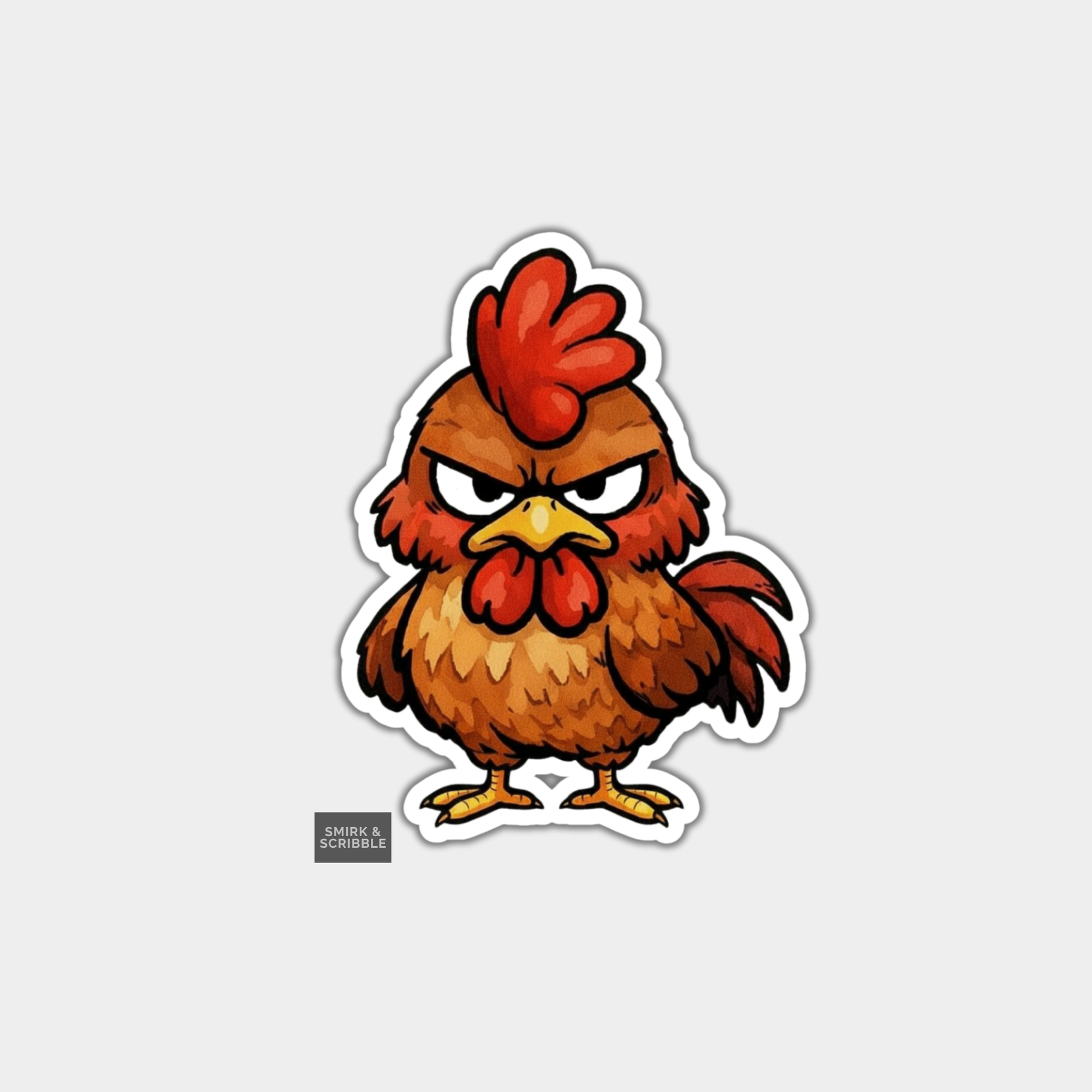 Cartoon rooster with an angry expression on a light gray background
