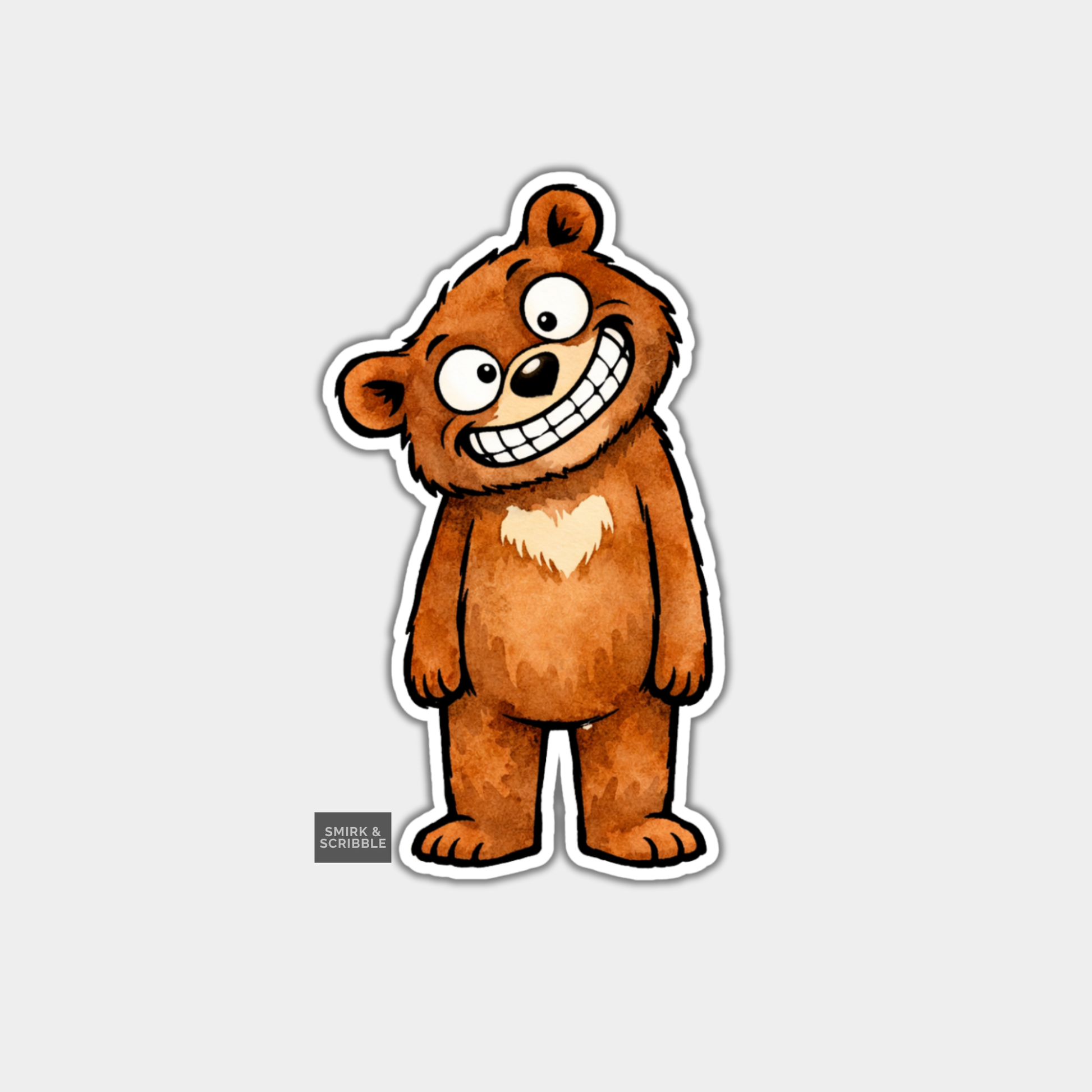 Cartoon bear sticker with a happy expression on a light gray background