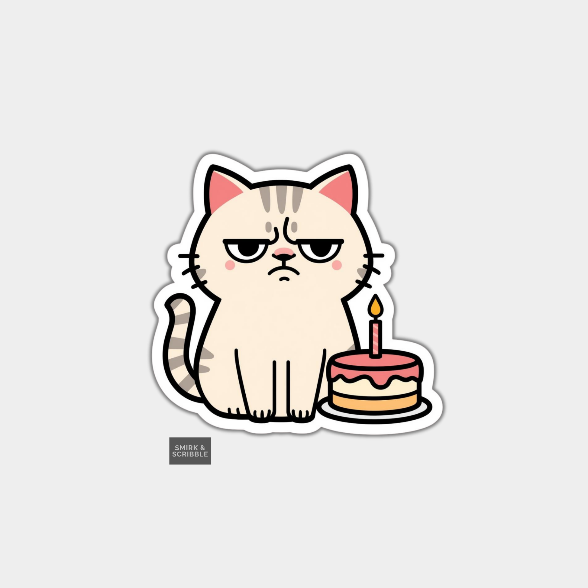 Cartoon cat with a birthday cake and candle on a light gray background