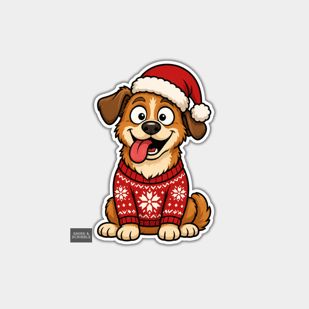 Funny Christmas Sticker - Happy Dog In Santa hat & Jumper